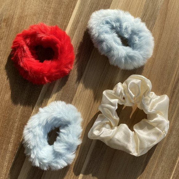Scrunchies-Hair Tie Accessories Red Blue Cream Set/ 4 - Picture 2 of 4